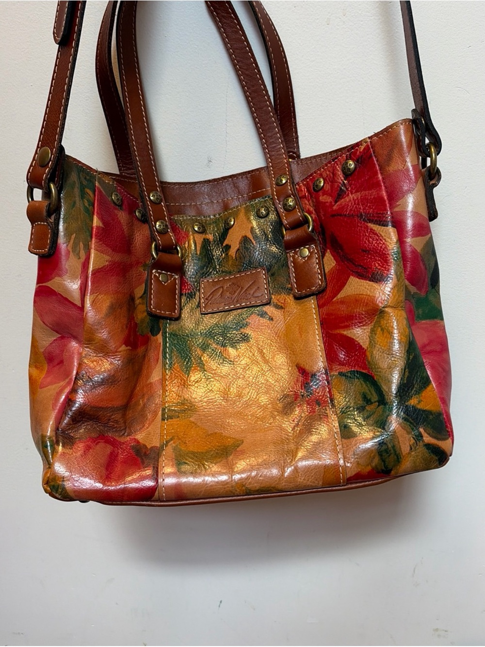 Patricia Nash autumn bold Floral Leather Tote Handbag - Brown Red Orange